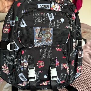 NWT Labubu Black Print Backpack with White Buckles (pink, Black, Blue)